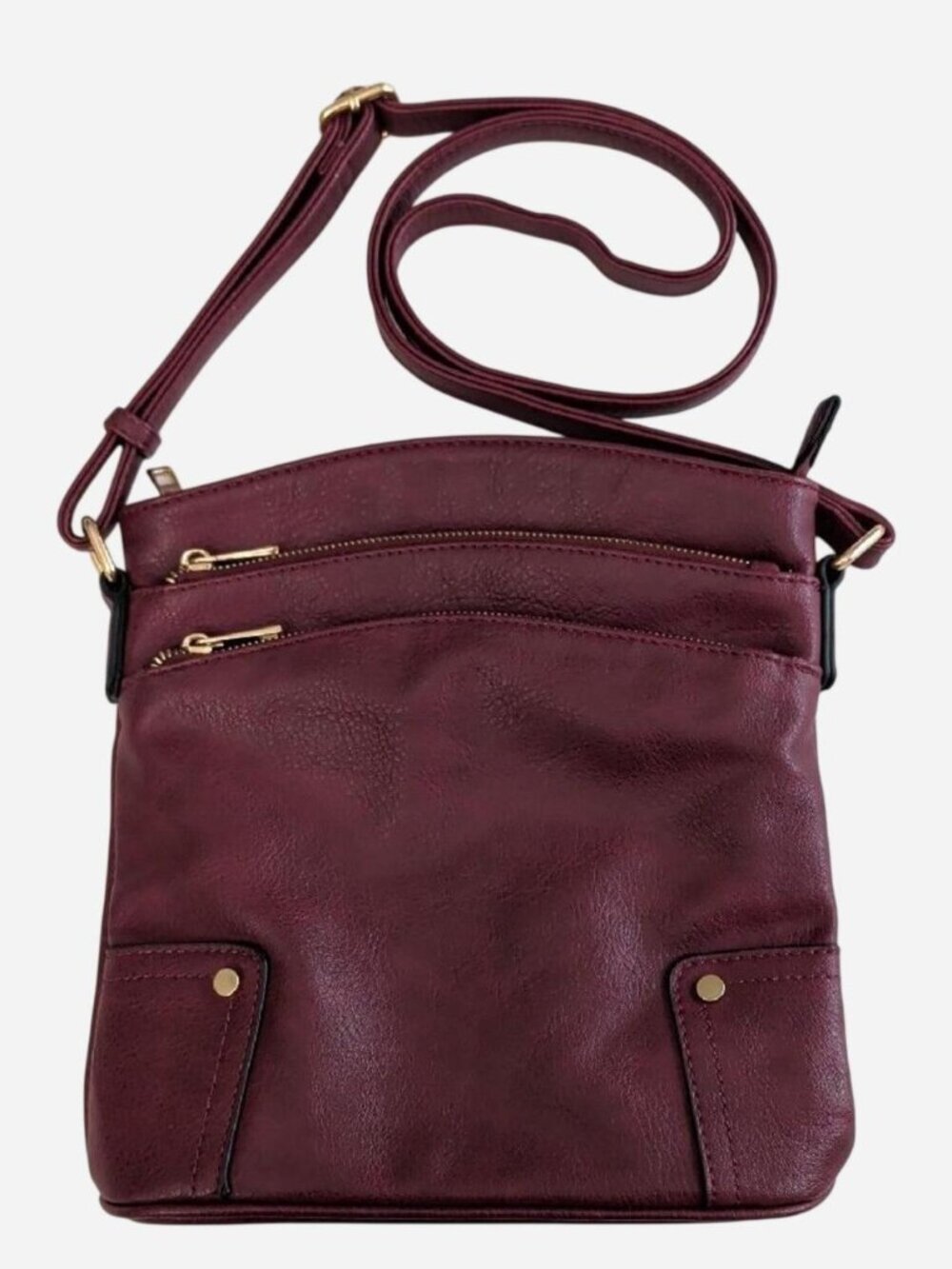 ALYSSA Wine Burgundy Triple Zip Crossbody Bag | Faux Leather | Gold Hardware